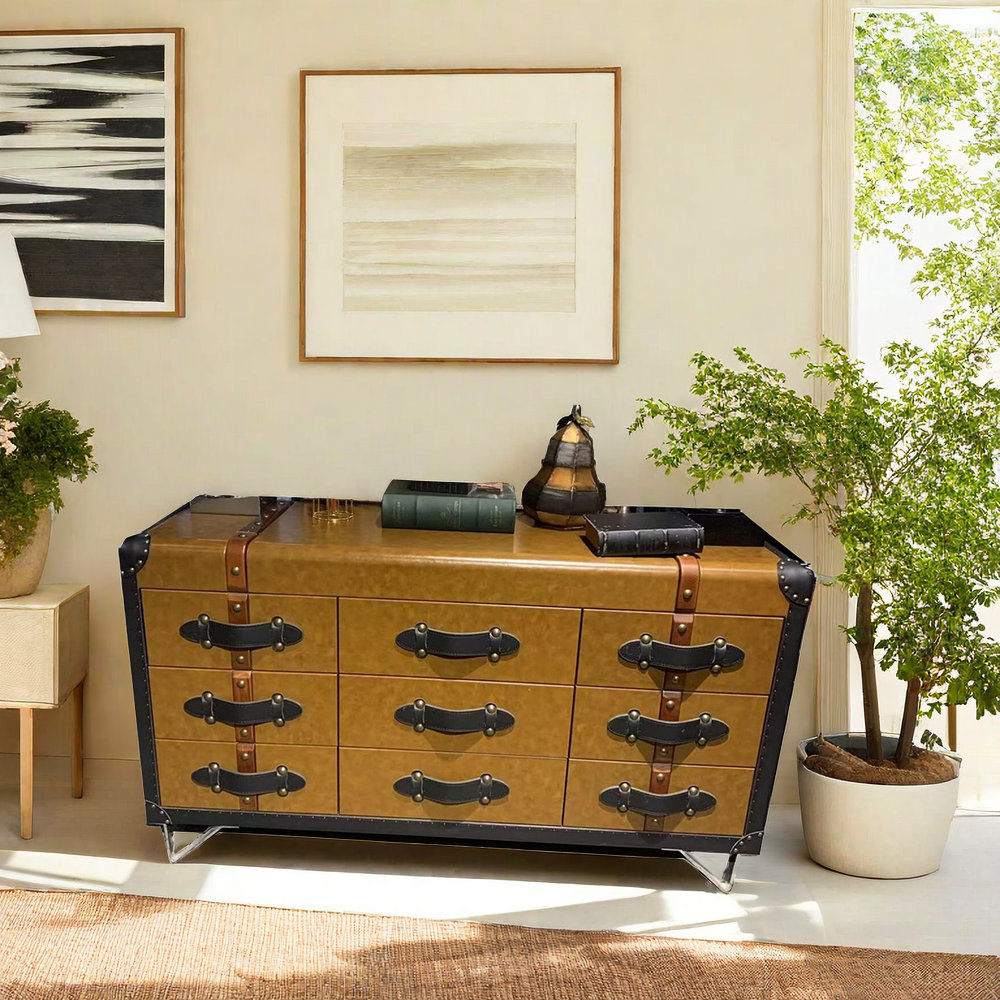Industrial Style 6 Drawer Double Dresser in Rustic Brown