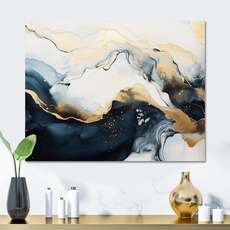 Encre de marbre abstraite dorée et bleue II - décoration murale en marbre, H 12 po x l 20 po x P 1 po