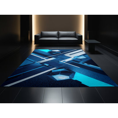 Soft Plush Ebbert Sleek & Chic Modern Geometric Shapes Area Rug in Blue – Navy Binding