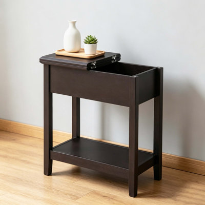 Flip Top Storage Nightstand, Narrow MDF End Side Table with Open Bottom Shelf