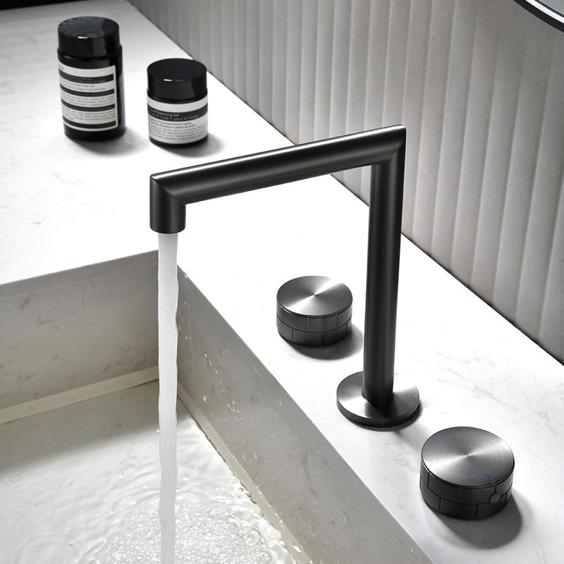 Gunmetal Gray Brass Double Handle Widespread Bathroom Faucet