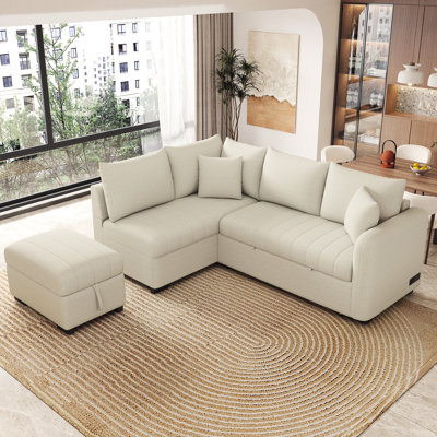L-Shaped Sectional With Pull Out Feature, Movable In Beige Tint Sleeper Ports, & Thick Cushion