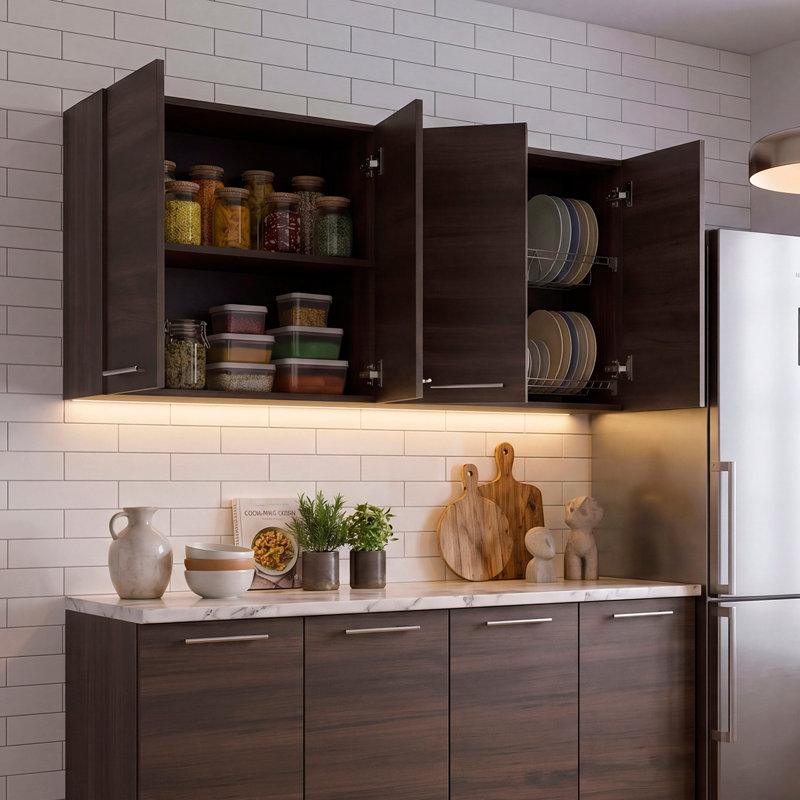 Armoire de cuisine murale Verona avec support à vaisselle intégré et quatre portes, Brun foncé