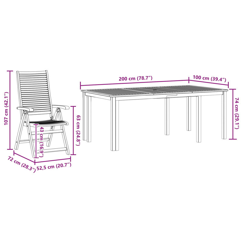 Patio Dining Set with, 74cm H x 200cm W x 100cm D, 8