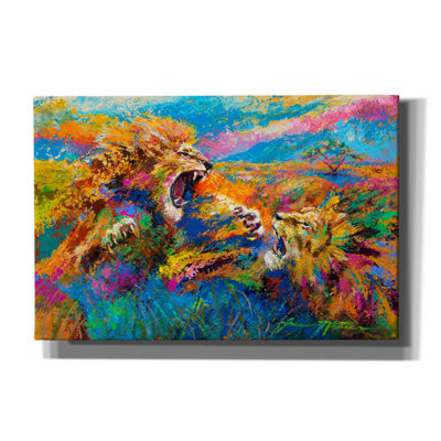 «Pride Fight in the Savanna African Lions» par Jace D McTier, estampe numérique sur toile