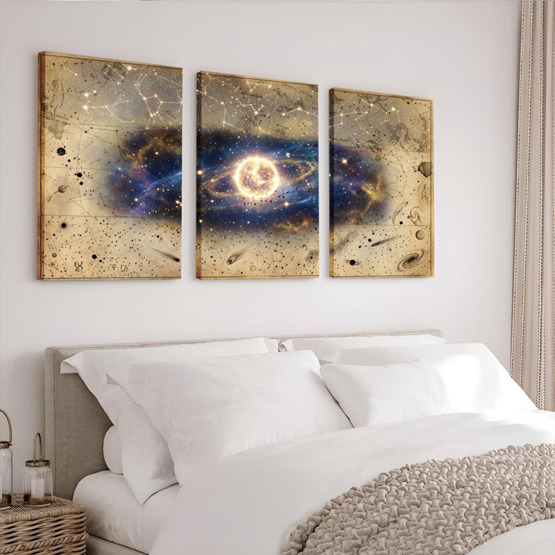 Ensemble de 3 tableaux sur toile représentant une carte de la galaxie et des constellations, 1624