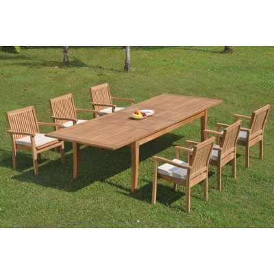 Delvale 10 - Person Teak Solid Wood Patio Dining Set Extendable and Umbrella Hole Included Rectangular Table