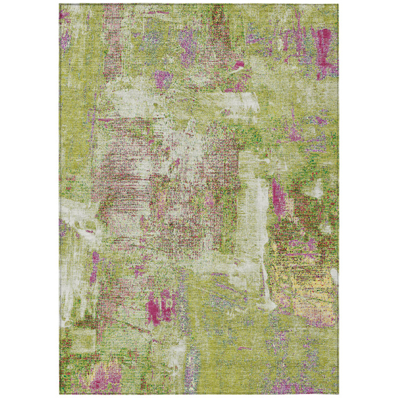 Tapis intérieur lavable abstrait vert lime ivoire 8 pi x 10 pi