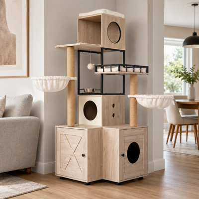 Arbre à chat avec bac à litière, mobilier pour chat à plusieurs niveaux de 63 po avec deux condos, hamacs et poteaux à griffer, naturel / blanc
