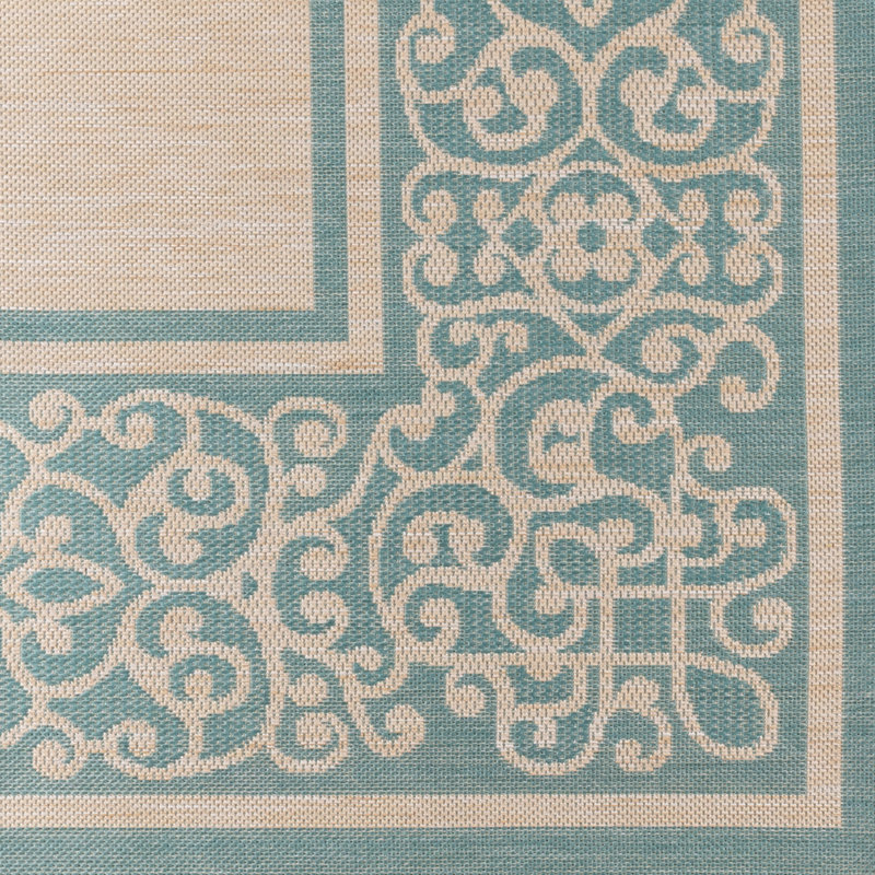 Solterra Guilhermino Oasis Blue Cream Beige Transitional Wide Scrolled Border Flatweave Polypropylene Indoor/ Outdoor Area Rug