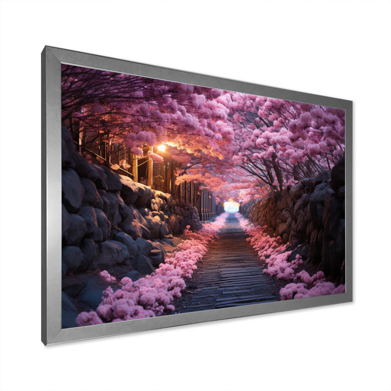 «Pink Tranquil Flowers Twilight», reproduction sur toile encadrée, Cadre simple argenté, H 24 po x l 32 po x P 1 po