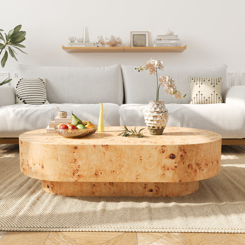 Table basse ovale moderne 43 "avec placage en bois massif, Naturel