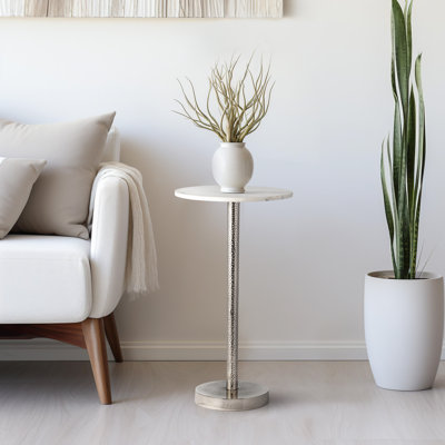 Marble Top End Table, Metal Base Side Table for Living Room, Accent Table with Round White Stone, 24"
