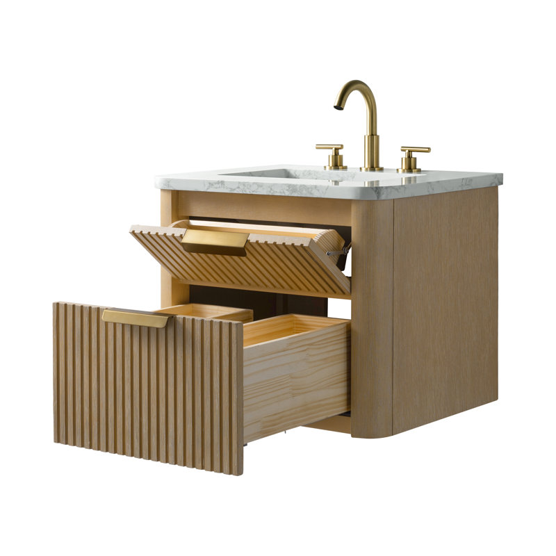 Ensemble de meuble-lavabo simple 24 po avec plateau en pierre d'ingénierie Liljan, Chêne classique / bronze brossé