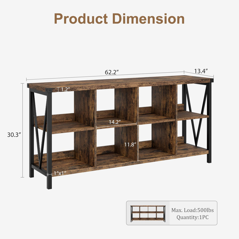 3-Tier 8-Cube Wooden Storage Organizer, 63" Long Low Farmhouse Bookshelf for Entryway, Living Room, or Bedroom, Brown