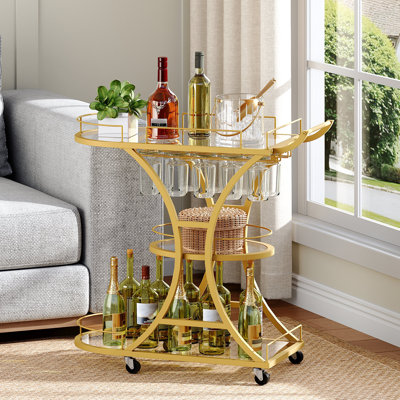 3-tier Glass Shelves Serving Cart, Metal Rolling Kitchen Cart With Stemware Rack, Locking Casters