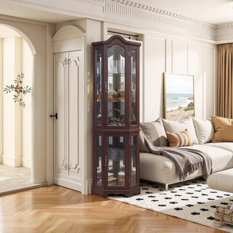 Vitrine d'angle avec tablettes réglables en verre, vitrine à finition rétro avec portes à ouverture par pression, Brun