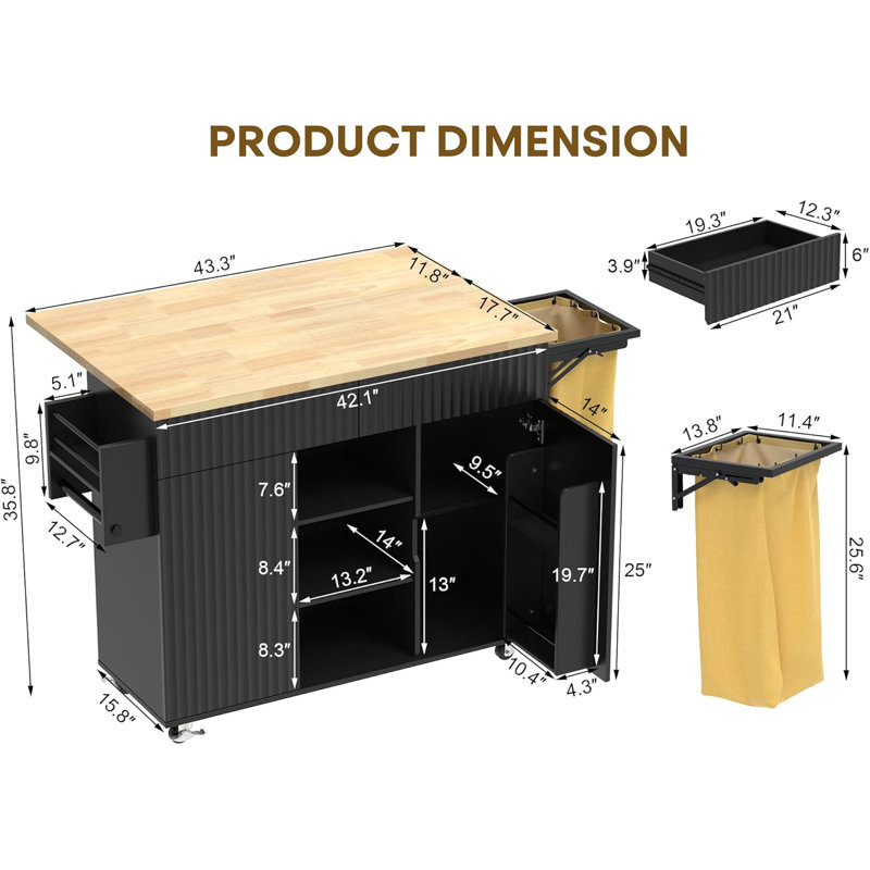 Mobile Kitchen Island with Drop Leaf, Storage Drawers & Foldable Trash Bag, Black