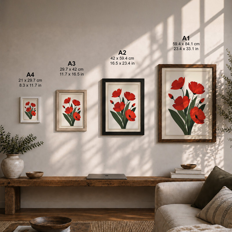 Red Blooms & Stems Botanical - Framed Print, A1 - 84.1 x 59.4 cm, Walnut