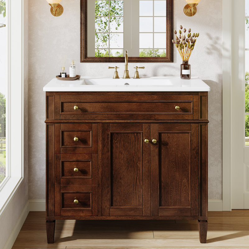 Meuble-lavabo moderne avec lavabo et rangement spacieux, 36", Brun