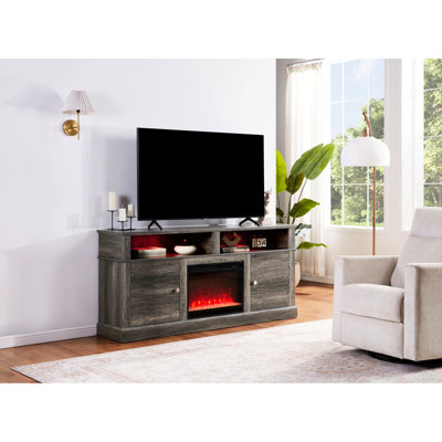 Console de 70 pouces avec finition en noyer gris avec foyer et chauffage, 11 réglages de chaleur disponibles, 7 choix de couleurs de flamme, minuterie, 2 tablettes ouvertes à DEL, finition, console de support, température