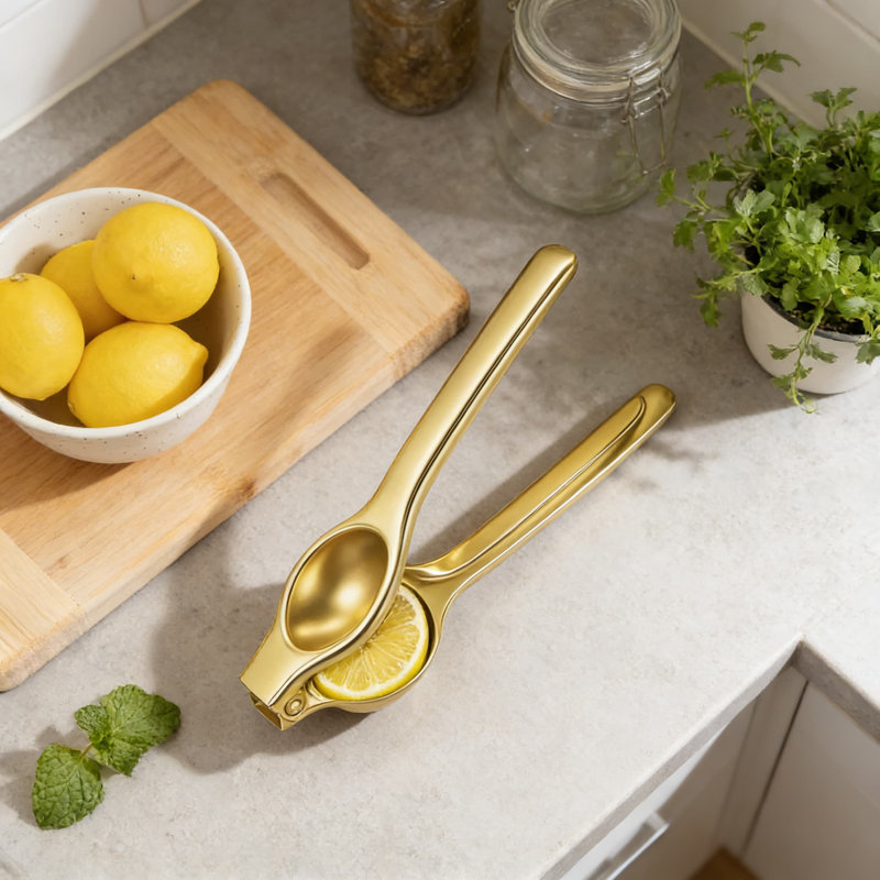 Ensemble 5 pièces d'outils de cuisine dorés, passoire en acier inoxydable, crépines à mailles fines, presse-citron et râpe à 4 côtés pour la préparation des aliments