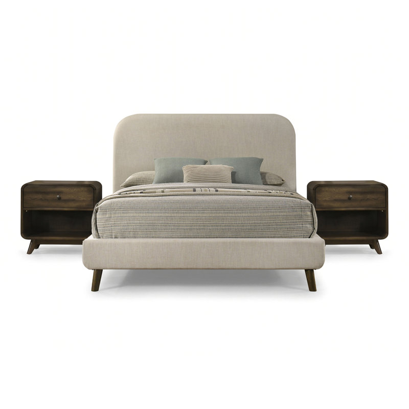 Ensemble de chambre à coucher à bord arrondi 3 pièces Marlowe, Queen, 3 Pcs: Bed, 2 Nightstands