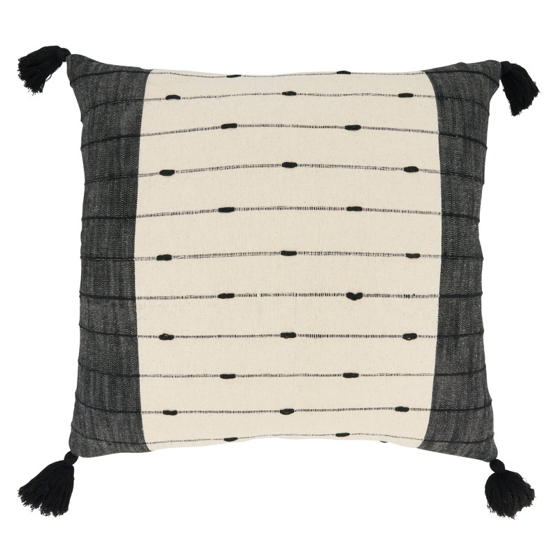 20" Black and White Striped Cotton Throw Pillow with Tassels