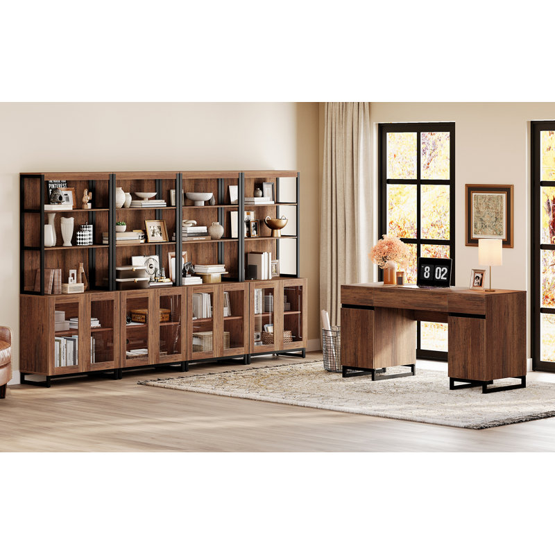  Office Furniture Set: 59" Executive Desk With Charging Station And Storage Cabinet, Four 72" Tall Bookcases, Modern Computer Desk And Library Shelf For Work Study