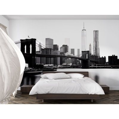 Murale du pont de Brooklyn - Papier peint noir et blanc NYC Skyline, Modern City Art Vn886 (Peel-N-Stick)