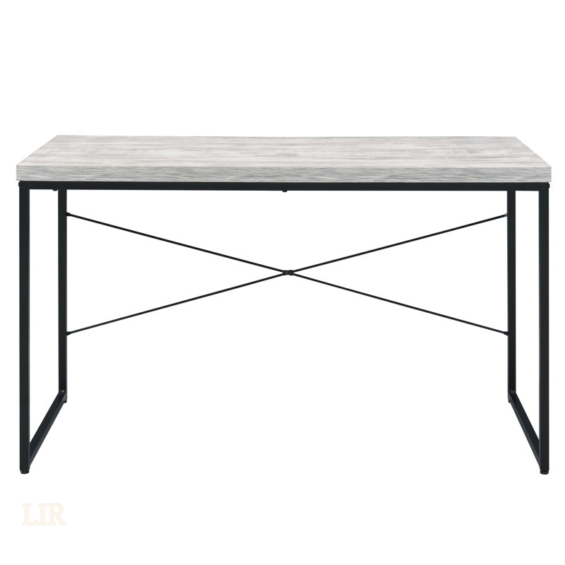 Bob Antique White & Black Finish Industrial Writing Desk With Faux Concrete Top And Metal Sled Base, Perfect For Modern Workspaces.
