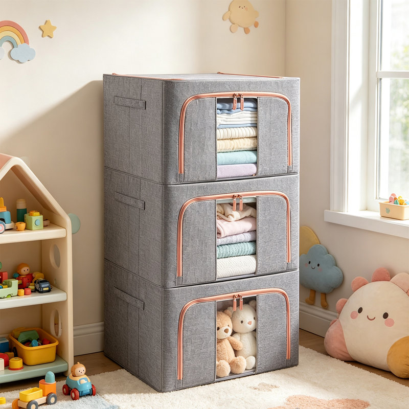 Boîtes de rangement pour vêtements avec cadre en métal (très grand - 105 L), gris