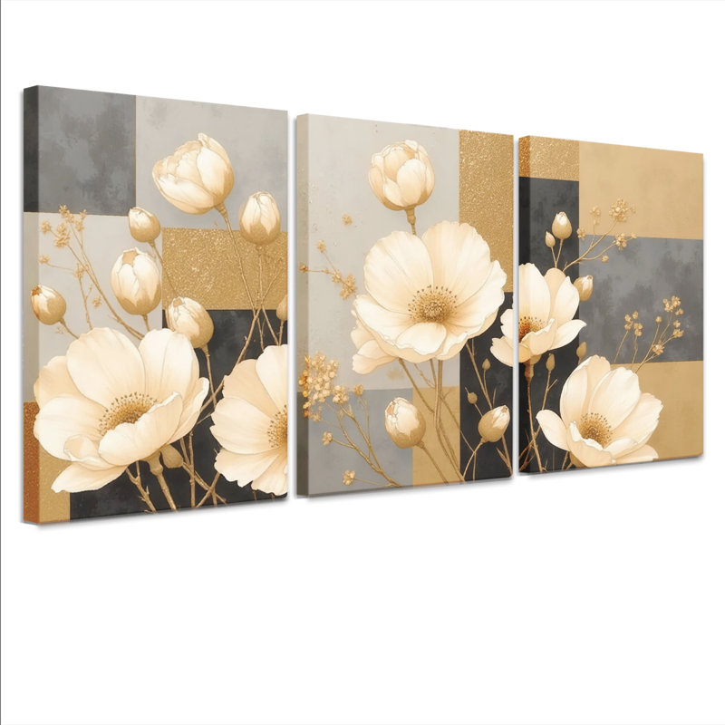 Elegant Floral Gold Accents Canvas Wrapped Wall Art, Modern Abstract Print (Set of 3), 18" H x 36" W
