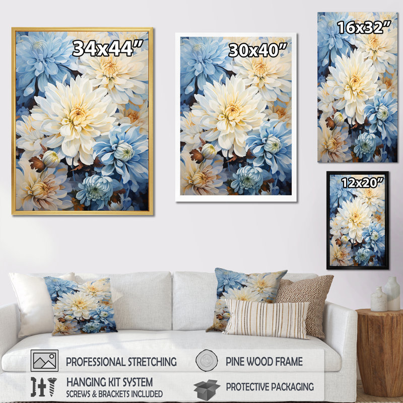 «Garden Bliss Mums» en blanc et bleu IV sur toile, Cadre flottant doré, H 40 po x l 30 po x P 1,5 po