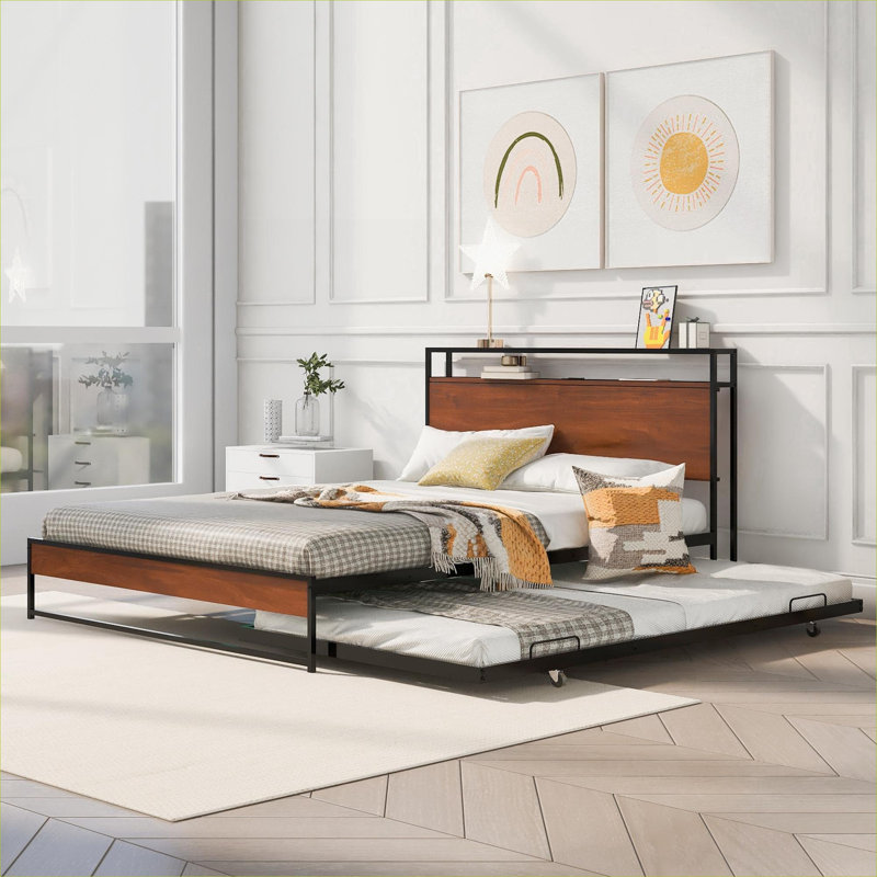 Base de lit plateforme en métal noir profond avec lit gigogne, idéale pour une chambre à coucher, style moderne et polyvalent