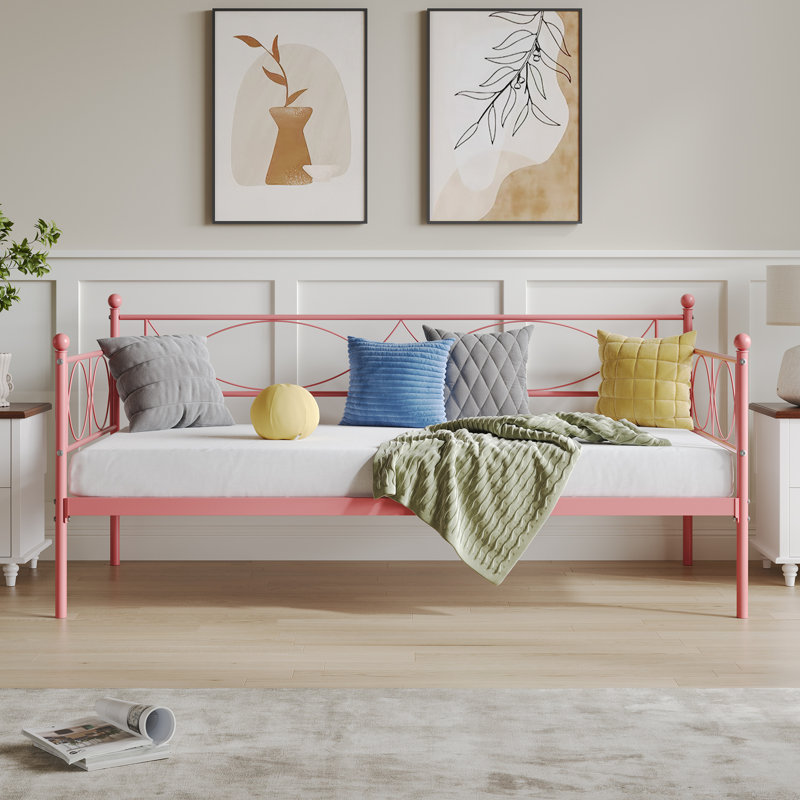 Lit double en métal rose, gain de place, sommier à lattes en acier, canapé-lit multifonctionnel pour chambre, salon, chambre d'amis - Lit double de jour