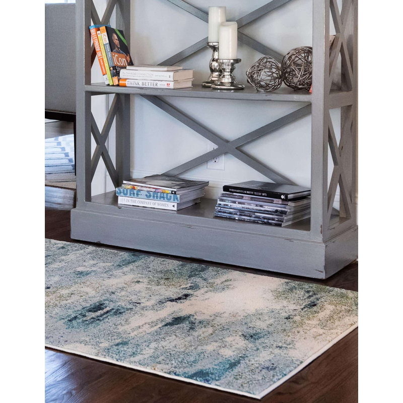 Tapis bleu clair tissé à la machine à motif abstrait Keimar, Rectangle 2 pi 2 po x 3 pi 1 po