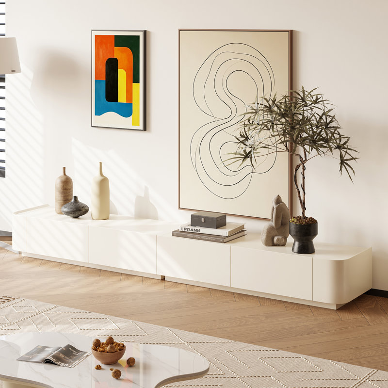 Meuble télé minimaliste, aucun assemblage requis, console multimédia longue avec tiroirs de rangement cachés, 94,5 po L
