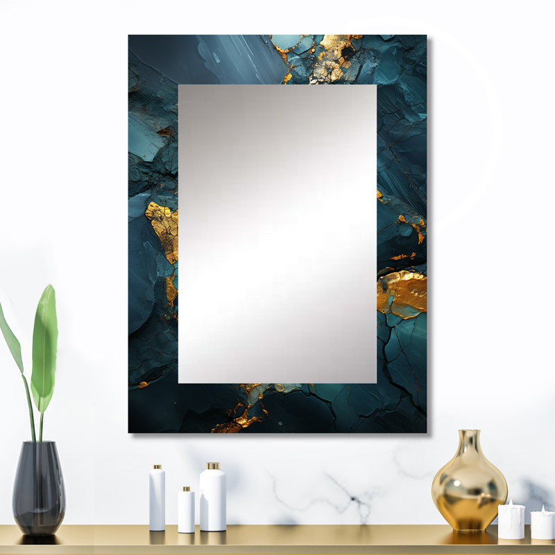 Or et vert abstrait marbre IV - Miroir mural décoratif en marbre, 32 po x 24 po
