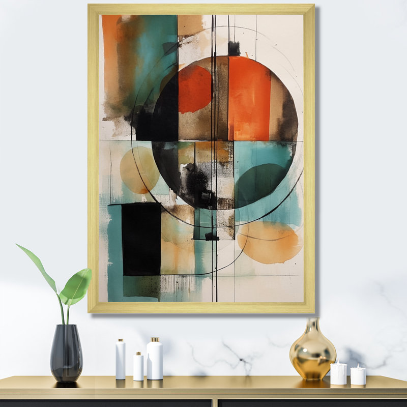 " Orange Abstracted Geometric Explorations IV " Mixed Media Print, 40" H x 30" W x 1.5" D, Gold Picture Framed