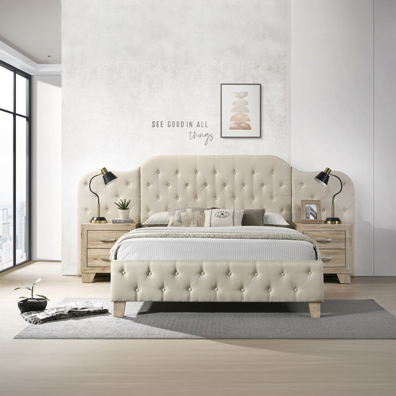 Lit tapissier contemporain en tissu beige grand format avec grande tête de lit à panneau mural, capitonnage à boutons, mobilier de chambre en bois - pièce unique