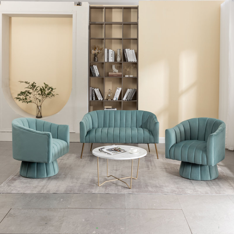 Ensemble de salon 3 pièces Tuyen, Velours turquoise