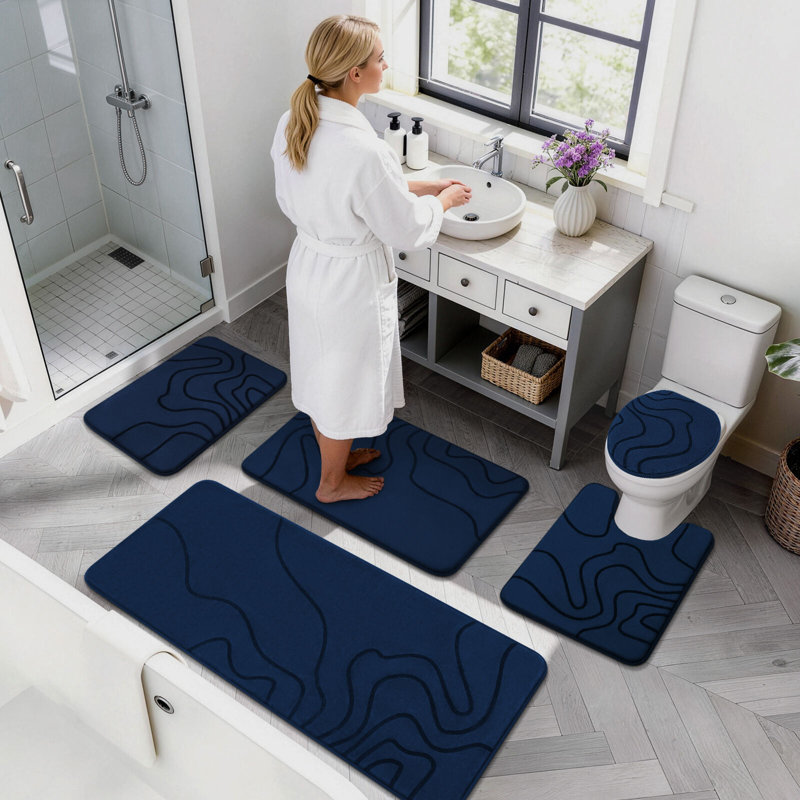 Ensemble de 5 tapis de bain ondulés modernes avec envers antidérapant et mousse viscoélastique à haut pouvoir absorbant