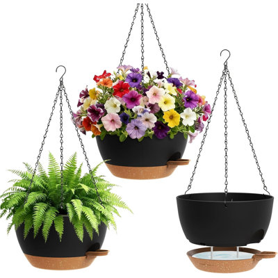 Set of 3-10 Inch Self Watering Hanging Planters for Indoor Outdoor，Hanging Plant Pots with Drainage & Removable Tray, Hanging Pots Holder for Ivy, Pothos, Ferns, Balcony & Patio, Black with Brown