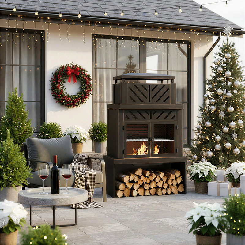 Outdoor Patio Multifunctional Wood-Burning Steel Fireplace with Chimney, Log Holders, Fireplace Tool,Winter Patio Ambience & Practicality Double Duty