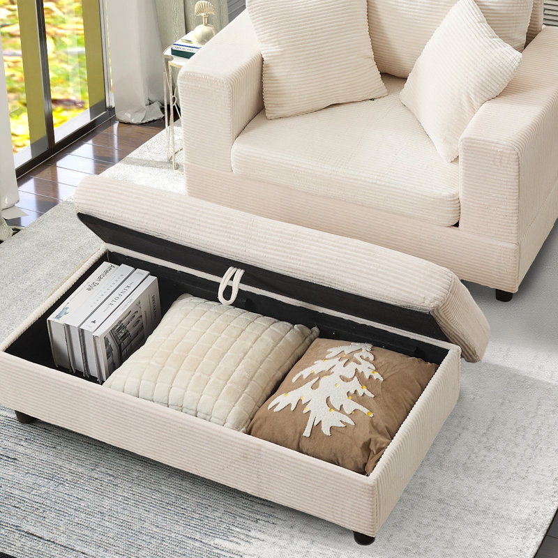 Fauteuil d'appoint moderne en velours côtelé de 42,2 po avec coussins et repose-pieds avec rangement, Beige