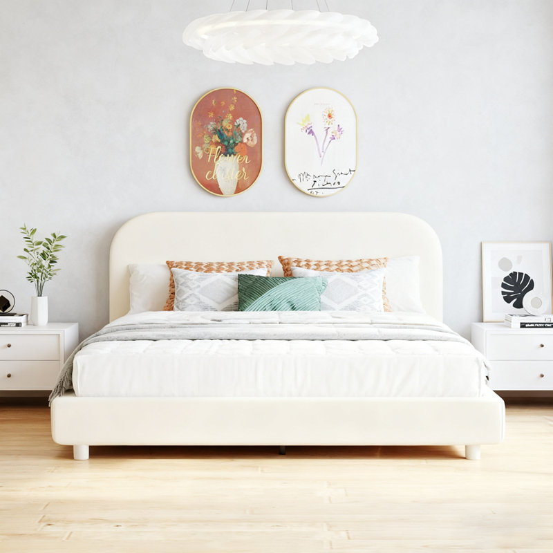 Lit plateforme en tissu d'ameublement Teddy, Beige, Grand