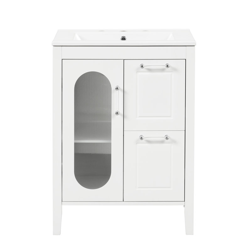 Meuble-lavabo 24 po avec lavabo, armoire en bois massif blanc, porte, deux tiroirs, lavabo à tablette réglable, armoire, tablette, tiroirs et porte