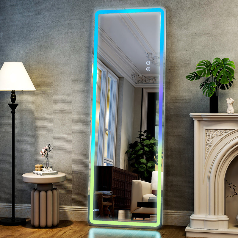 Full Length Mirror With RGB LED Light Floor Mirror Wall-Mounted, White, 63" x 20"