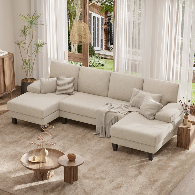 110" U-Shape Sectional Sofa With Armrests, Wood-Seat, Metal Frame & Upholstery, Modern Comfy Design For Living Room Or Family Lounge